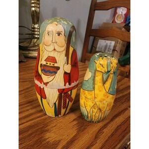Vintage Antique Noahs Ark Russian Nesting Dolls 2 Piece‎ Giraffe Rare